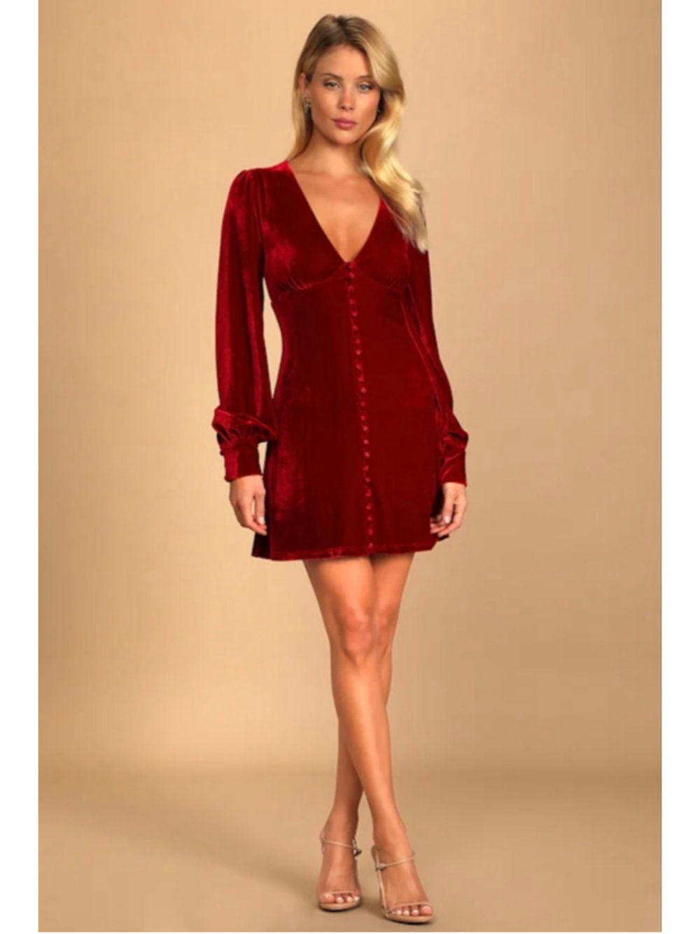 Lulus Red Velvet Mini Dress Womens M Long Sleeve V Neck Button Front Holiday Par